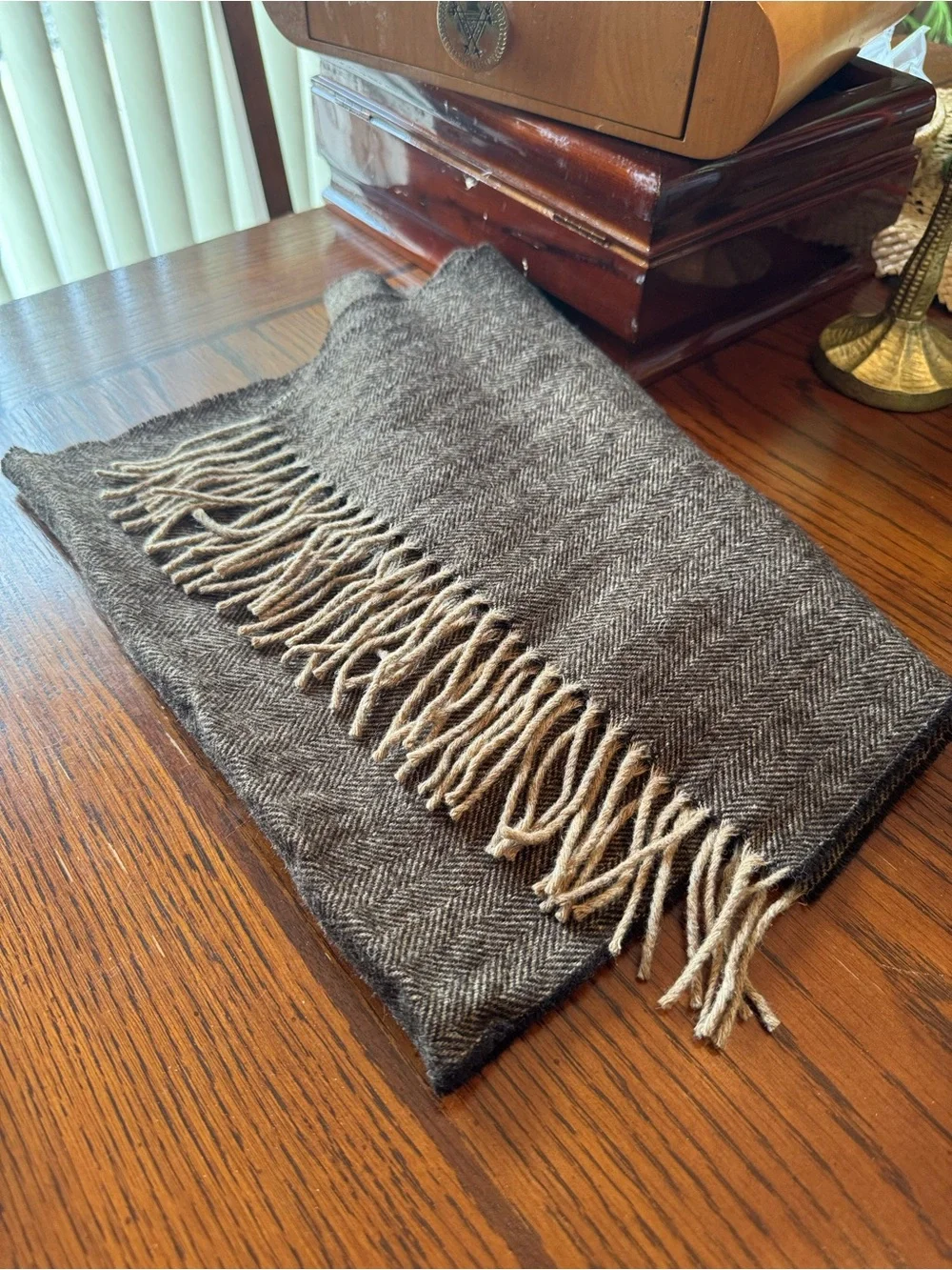 Amicale Camel Hair Scarf Herringbone Brown Men’s Unisex Dark Fringe Made In USA